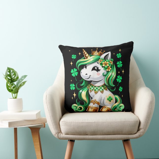 Cute Unicorn Shamrock St Patricks Day Throw Pillow (Chair)