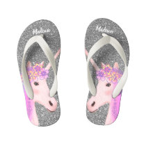 Cute Unicorn Silver Glitter Girls Personalized Kid's Flip Flops Cute Unicorn Silver Glitter Girls Personalized Kid's Flip Flops