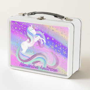 Cute Unicorn Silver Stars School Metal Lunch Box