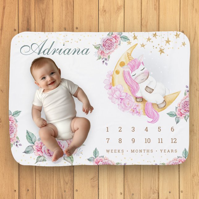 Cute Unicorn Sleeping on Crescent Moon Milestone Baby Blanket (Creator Uploaded)