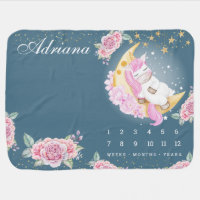 Cute Unicorn Sleeping on Crescent Moon Milestone Baby Blanket