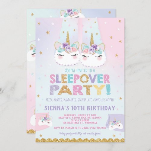 Cute Unicorn Sleepover Birthday Party Invitation
