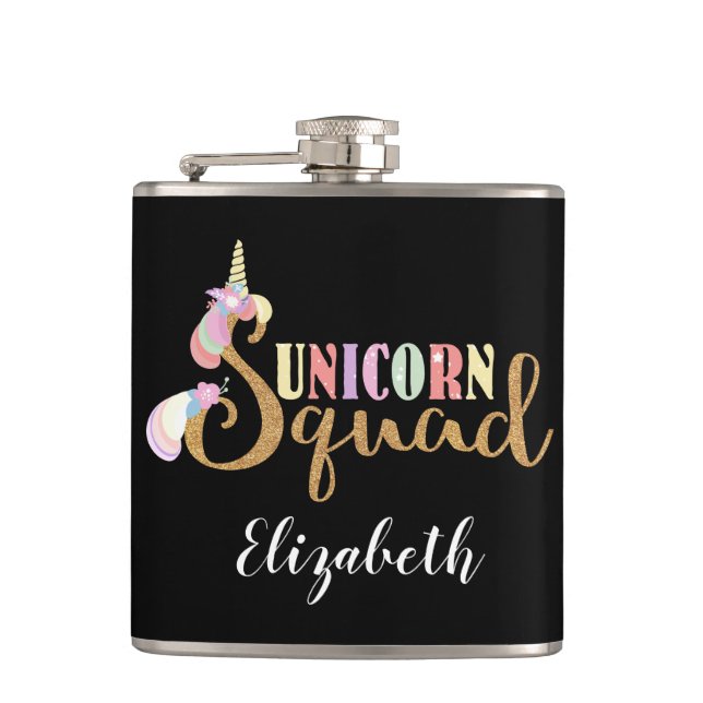 Cute Unicorn Squad Gold Glitter Fairy Flask (Front)