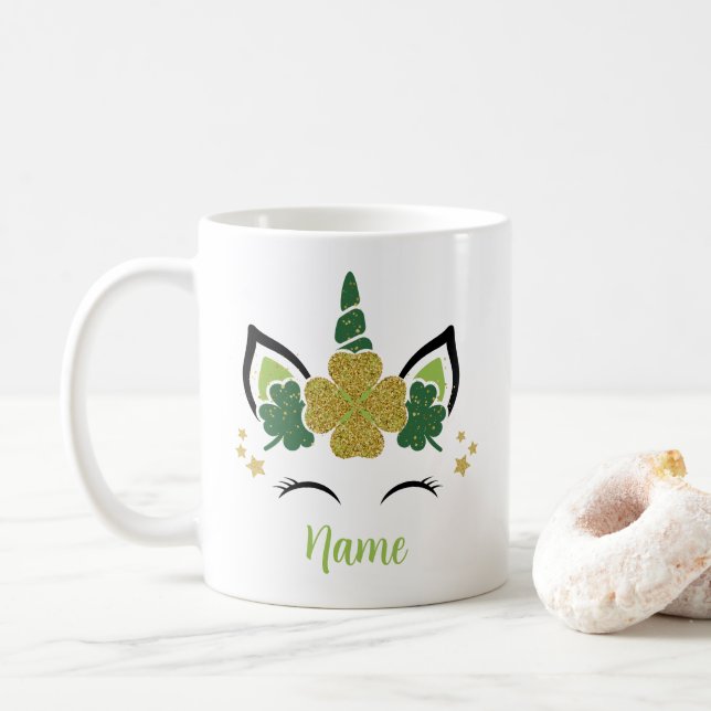 Cute Unicorn St Patrick's Day Personalized Name Coffee Mug (With Donut)