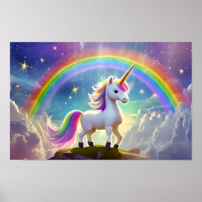 Cute Unicorn standing in front of a rainbow Poster (Front)