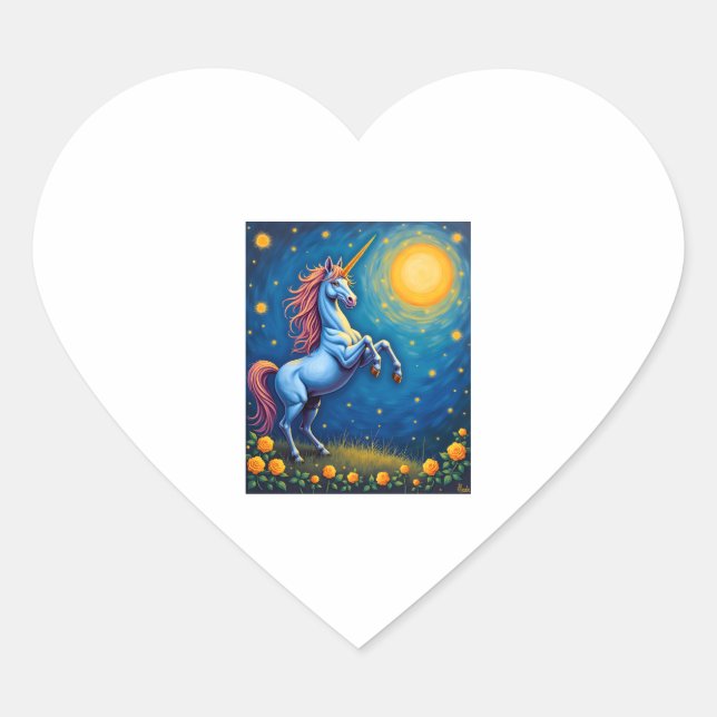 Cute Unicorn Starry Night (4) Heart Sticker (Front)