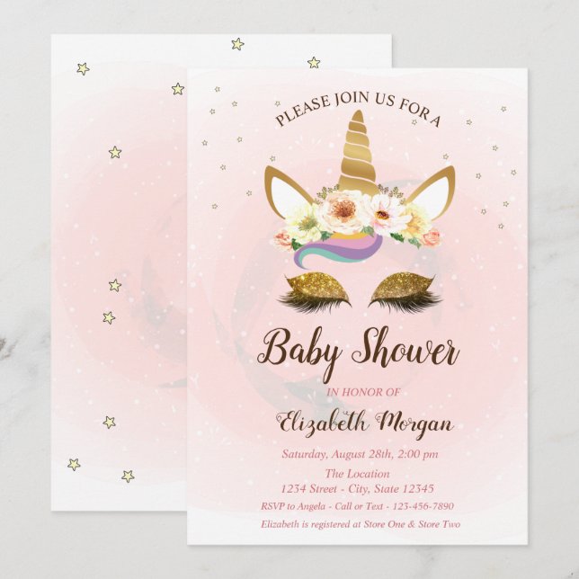 Cute Unicorn,  Stars Baby Shower Invitation (Front/Back)
