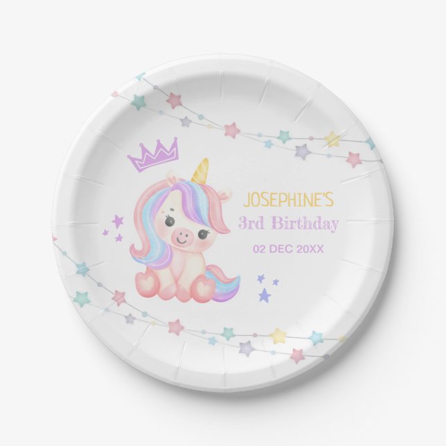 Cute Unicorn Stars Banner Fantasy Birthday Paper Plates (Front)