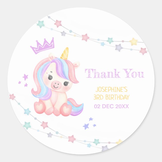 Cute Unicorn Stars Banner Fantasy Thank You Classic Round Sticker (Front)
