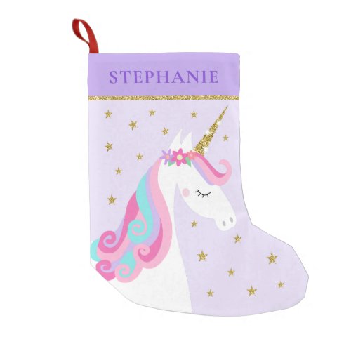 Cute Unicorn Stars Glitter Purple Small Christmas Stocking