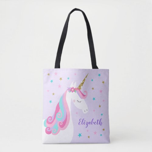 Cute Unicorn Stars Glitter Purple Tote Bag