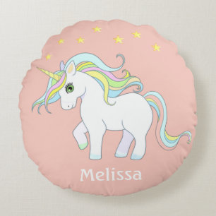 Cute Unicorn & Stars on Light Coral Pink Round Pillow