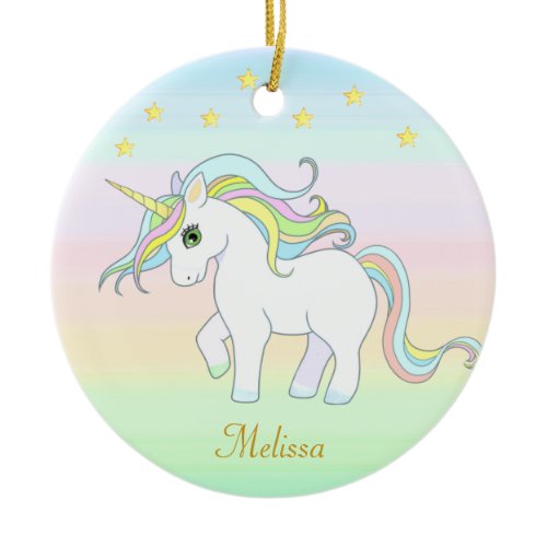 Cute Unicorn &amp; Stars on Pastel Colors Ceramic Ornament