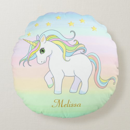  Cute Unicorn  Stars on Pastel Colors Round Pillow