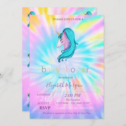 Cute Unicorn Stars Tie Dye Baby Shower Invitation