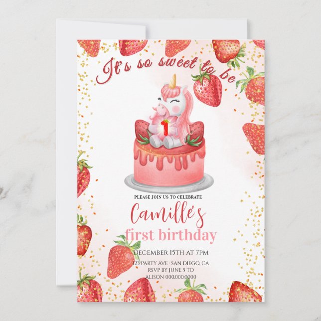 Cute Unicorn strawberry cake birthday Invitation (Front)