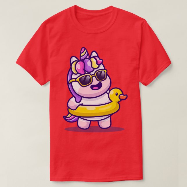 Cute Unicorn Summer With Swimming Duck  T-Shirt (Design Front)