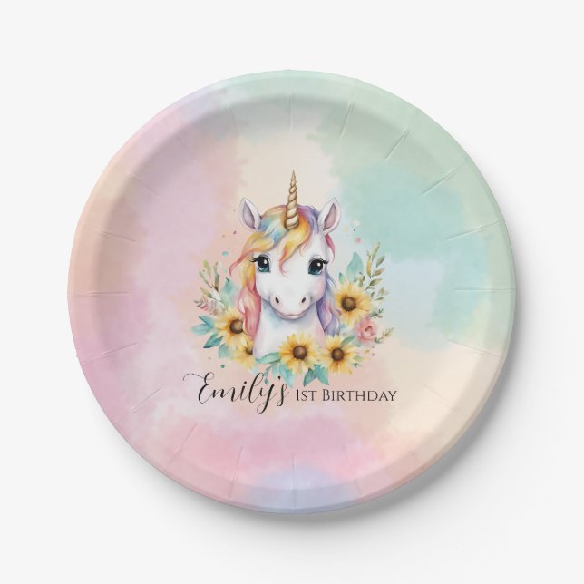 Cute Unicorn Sunflower 1st Birthday Paper Plates (Front)