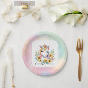 Cute Unicorn Sunflower 1st Birthday Paper Plates