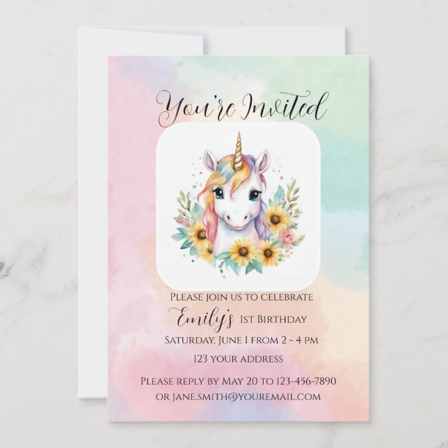 Cute Unicorn Sunflower Simple 1st Birthday Invitation (Front)