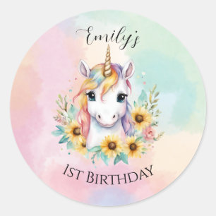 Cute Unicorn Sunflowers 1st Birthday Classic Round Sticker