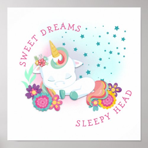 Cute Unicorn Sweet Dreams Sleepy Head Baby Girl Poster