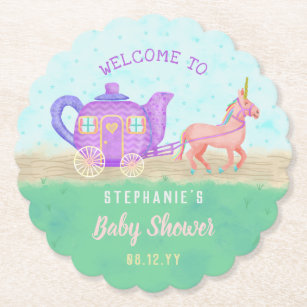 Cute Unicorn Tea Party Baby Shower Chariot Paper Coaster