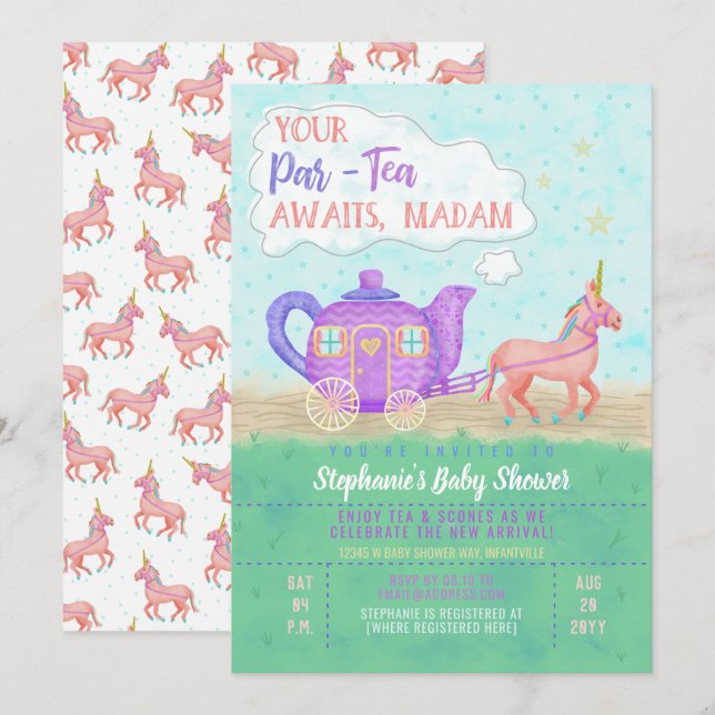 Cute Unicorn Tea Party Baby Shower Invitation V2 (Front/Back)