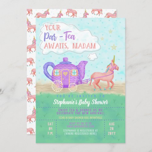 Cute Unicorn Tea Party Baby Shower Invitation V2