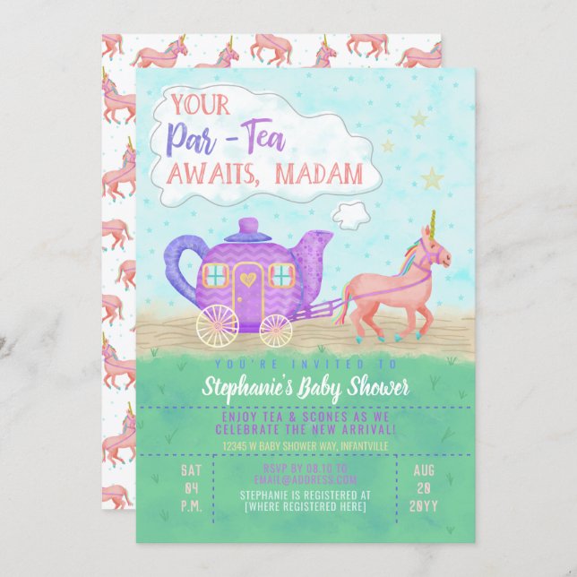 Cute Unicorn Tea Party Baby Shower Invitation V2 (Front/Back)