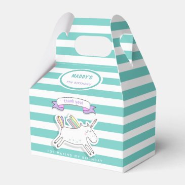 Cute Unicorn Teal Striped Kids Birthday Favor Box
