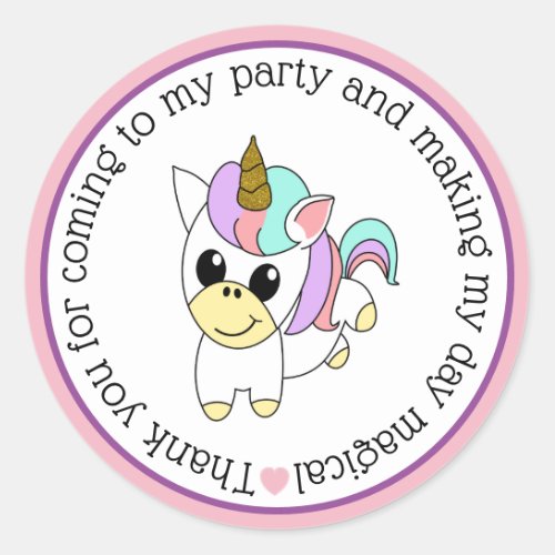 Cute Unicorn Thank You For Coming To My Party Classic Round Sticker