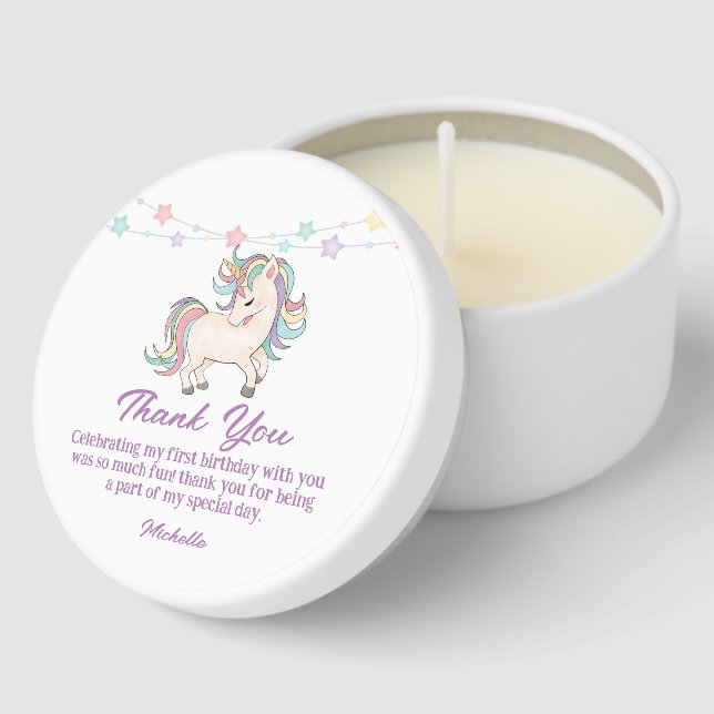 cute unicorn thank you girl 1st birthday  mini candle favors (Corner)