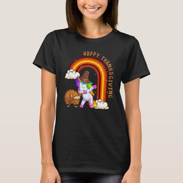 Cute Unicorn Thanksgiving Girls Pilgrim Hat Turkey T-Shirt (Front)