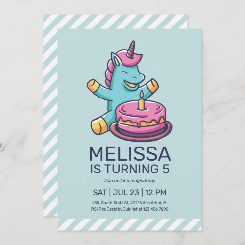 Cute Unicorn Turning One Cake Birthday Invitation