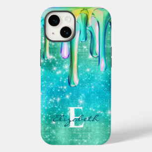 Cute Unicorn Turquoise glitter drips Faux Glitter Case-Mate iPhone 14 Case