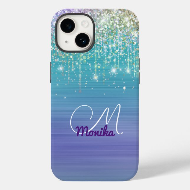 Cute Unicorn Turquoise Purple glitter Faux Glitter Case-Mate iPhone Case (Back)