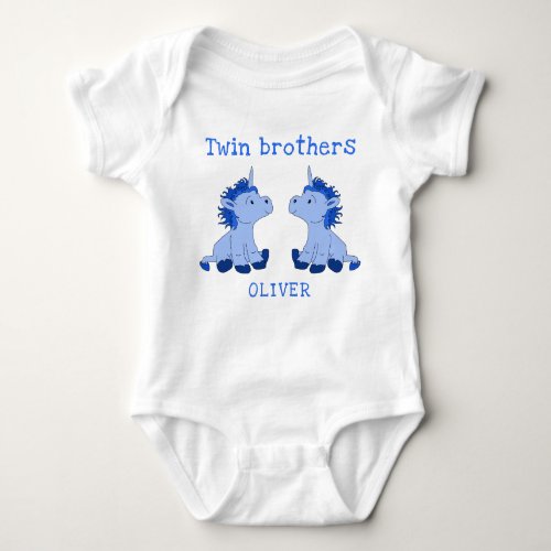 Cute Unicorn Twin Brothers Baby Bodysuit with Name - Cute Unicorn Twin Brothers Baby Bodysuit with Name. Two cute blue unicorns for twin baby brothers. Personalize with your name. Great design for a twin baby shower or a gift for newborn twin boys.