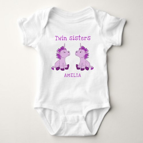 Cute Unicorn Twin Sisters Baby Bodysuit with Name - Cute Unicorn Twin Sisters Baby Bodysuit with Name. Two cute pink unicorns for twin baby sisters. Personalize with your name. Great design for a twin baby shower or a gift for newborn twin girls.