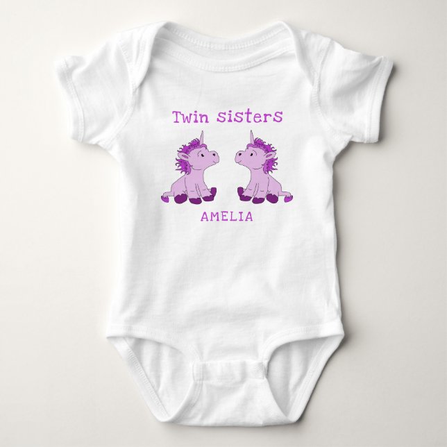 Cute Unicorn Twin Sisters Baby Bodysuit with Name (Front)