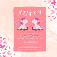 Cute Unicorn Twins 2 Baby Girls Baby Shower Invitation