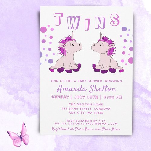 Cute Unicorn Twins 2 Baby Girls Baby Shower  Invitation