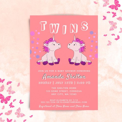 Cute Unicorn Twins 2 Baby Girls Baby Shower Invitation