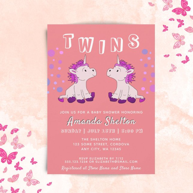 Cute Unicorn Twins 2 Baby Girls Baby Shower Invitation