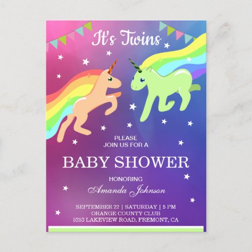Cute Unicorn Twins Baby Shower Invitation Postcard