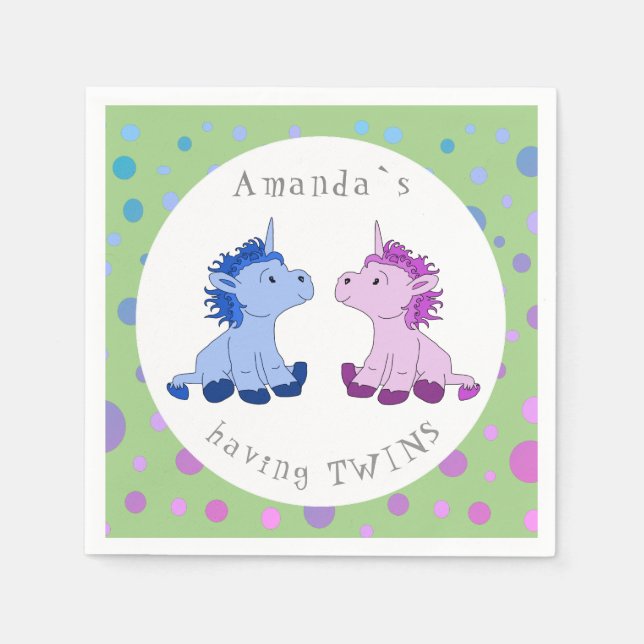 Cute Unicorn Twins Baby Shower Party Napkins (Front)