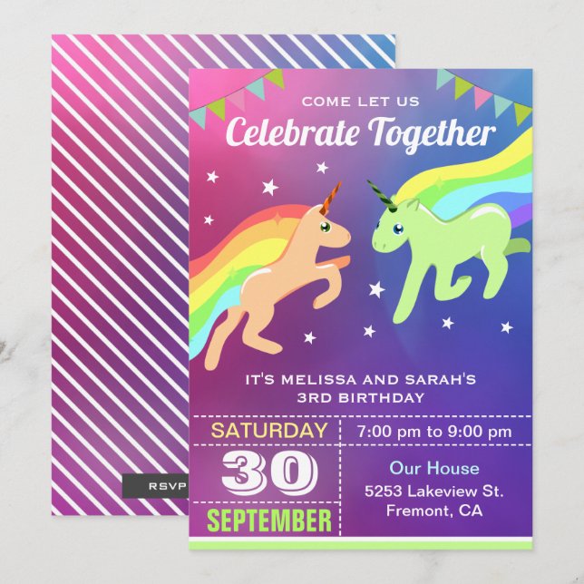 Cute Unicorn Twins Birthday Party Invitation (Front/Back)