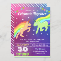 Cute Unicorn Twins Birthday Party Invitation