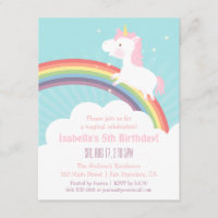 Cute Unicorn Up The Rainbow Girls Birthday Party Invitation