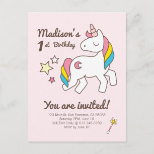 Cute Unicorn  Wand & Stars Birthday Invitation